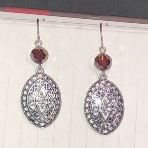 Purple-reddish crystal & silver dangle earrings